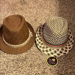 Brown and Cream Straw Fedora Hat Duo